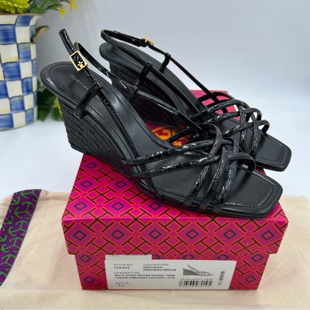 Women’s Tory Burch, multi strap wedge sandal snake embossed 75MM size 9.5